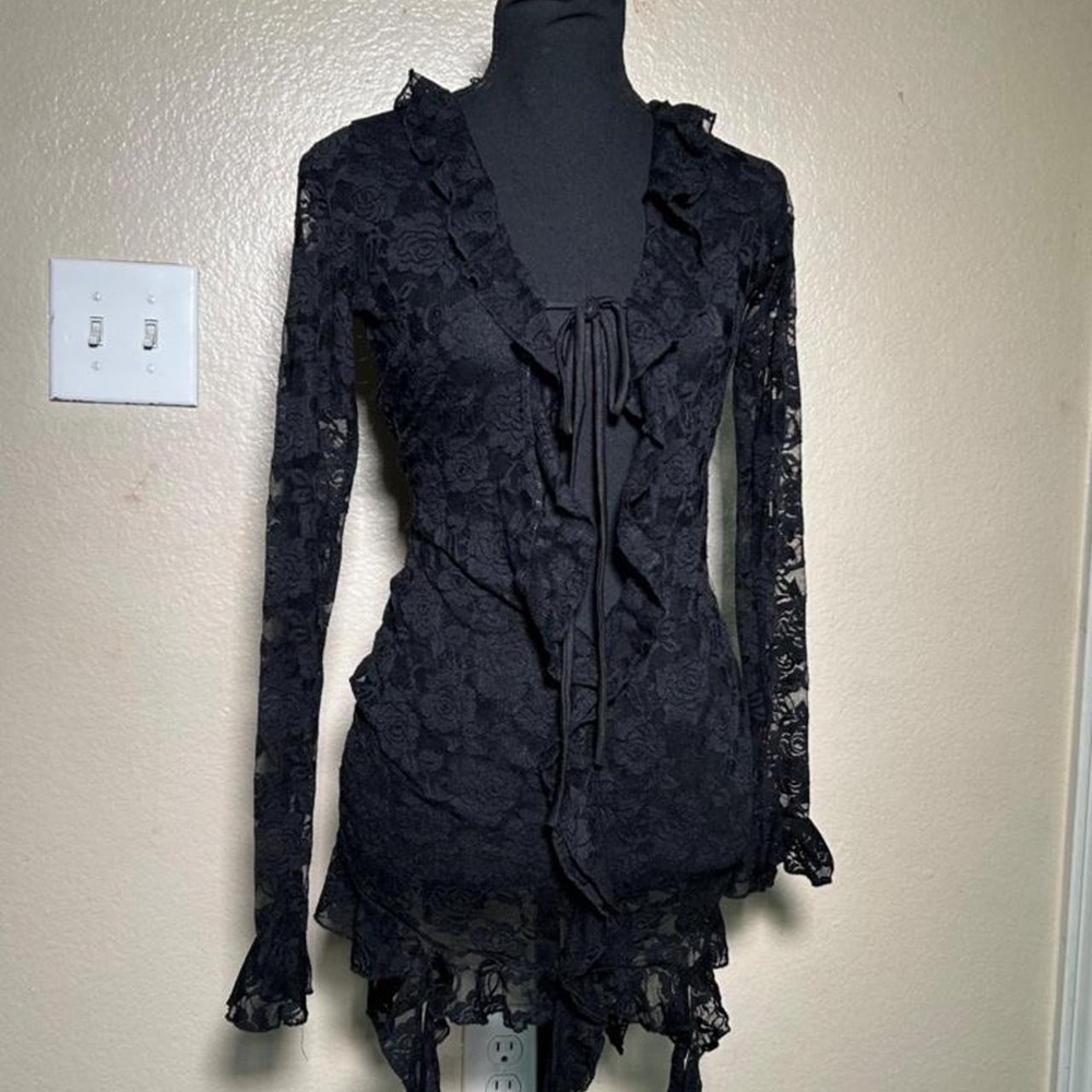 Grunge Fairy Black Lace Ruffle Tie Front Cardigan Bell Sleeve Romantic Goth S